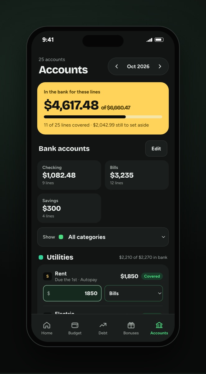 Phone showing bank accounts and how much is set aside for each bill