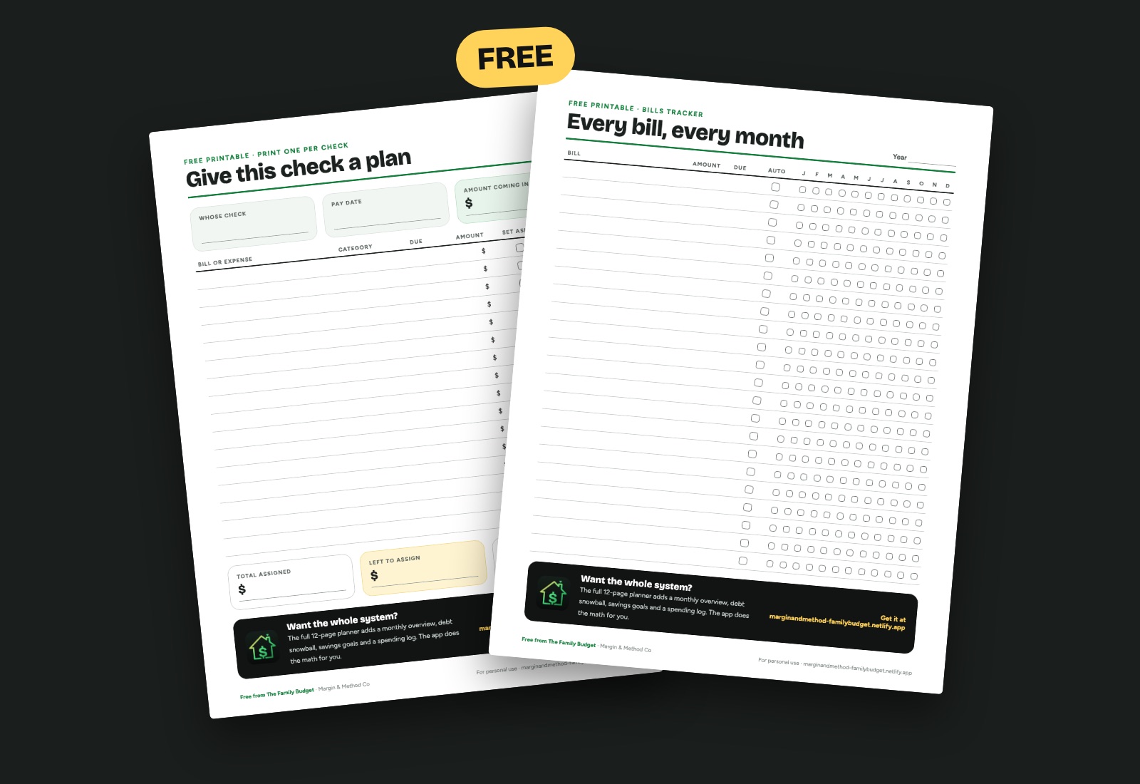 The two free printable pages: a paycheck plan and a monthly bill tracker